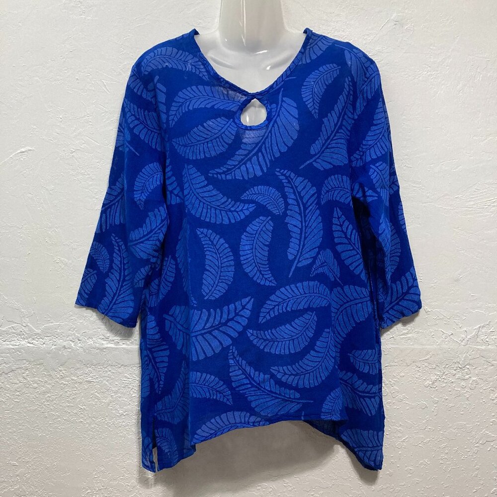 NWT Cottonseed Casual Wear Tunic Top 3/4 Sleeve Beach Resort Blue Gauze L